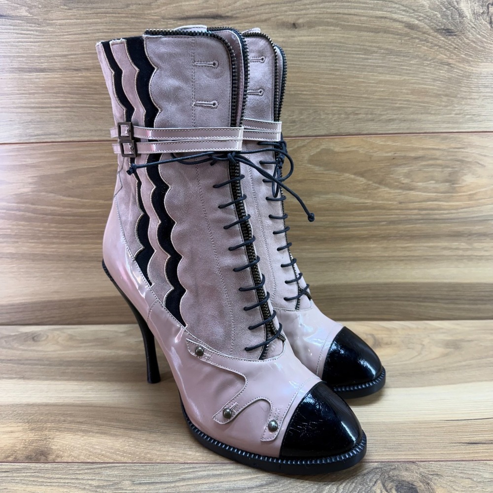 Tabitha Simmons Victorian Steampunk Boots 10.5 EU 40.5 Pink Scalloped Corset